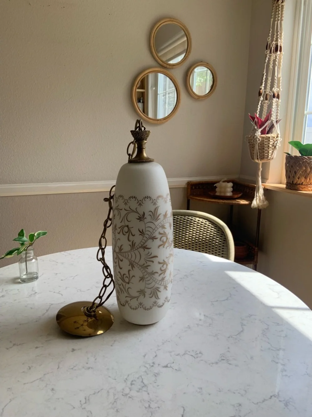 Vintage MCM  White & Gold Pendant Swag Lamp - Decorative Floral Design